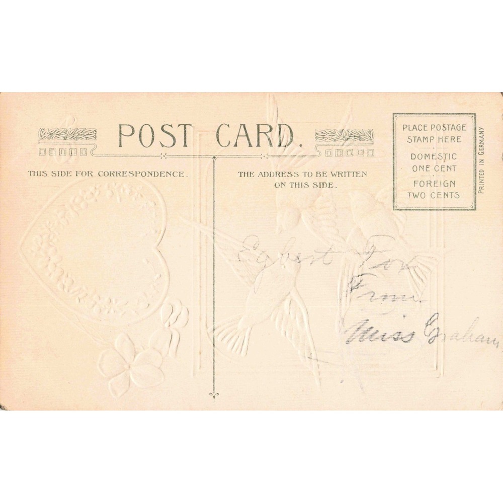 Antique Embossed Postcard A Gift of Love Swallows Violets Printed in Germany VG - Picture 2 of 2